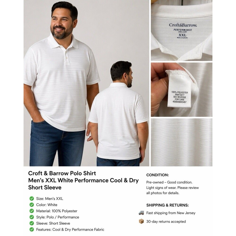 Croft & Barrow Polo Shirt Men’s XXL White Performance Cool & Dry Short Sleeve